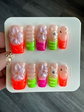 Neon Floral Press-On Nails - Pink, Green & Orange